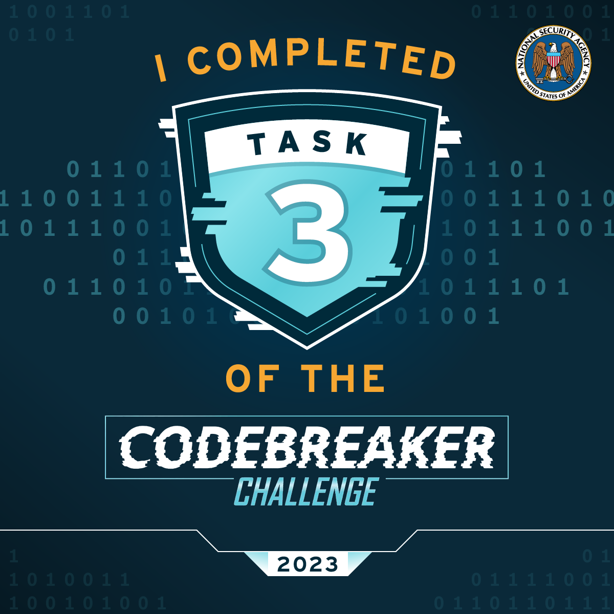 Badge for Task 3. It states, I COMPLETED TASK 3 OF THE CODEBREAKER CHALLENGE 2023