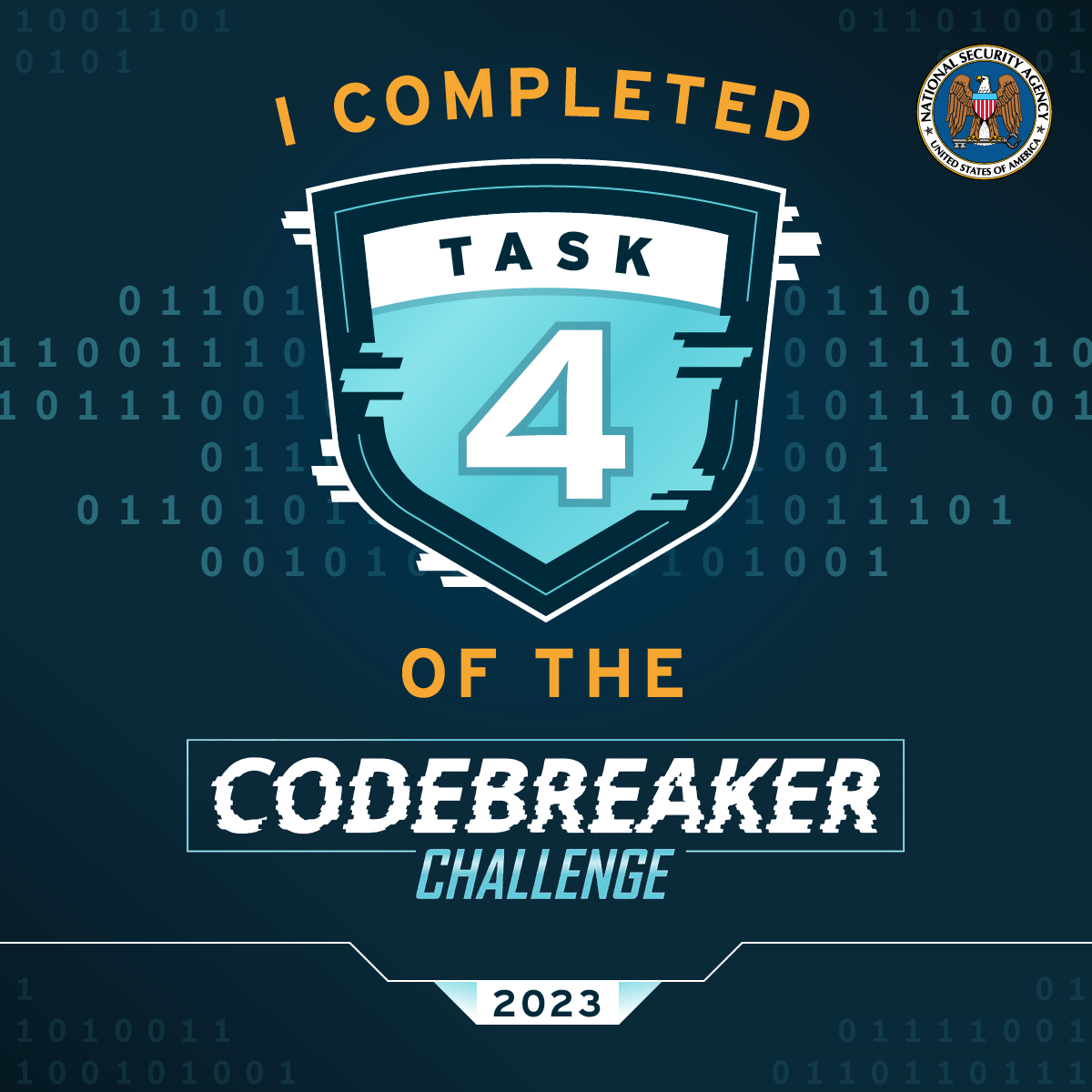 Badge for Task 4. It states, I COMPLETED TASK 4 OF THE CODEBREAKER CHALLENGE 2023