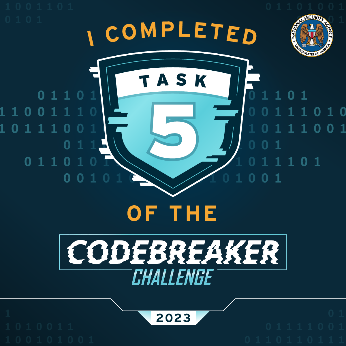 Badge for Task 5. It states, I COMPLETED TASK 5 OF THE CODEBREAKER CHALLENGE 2023