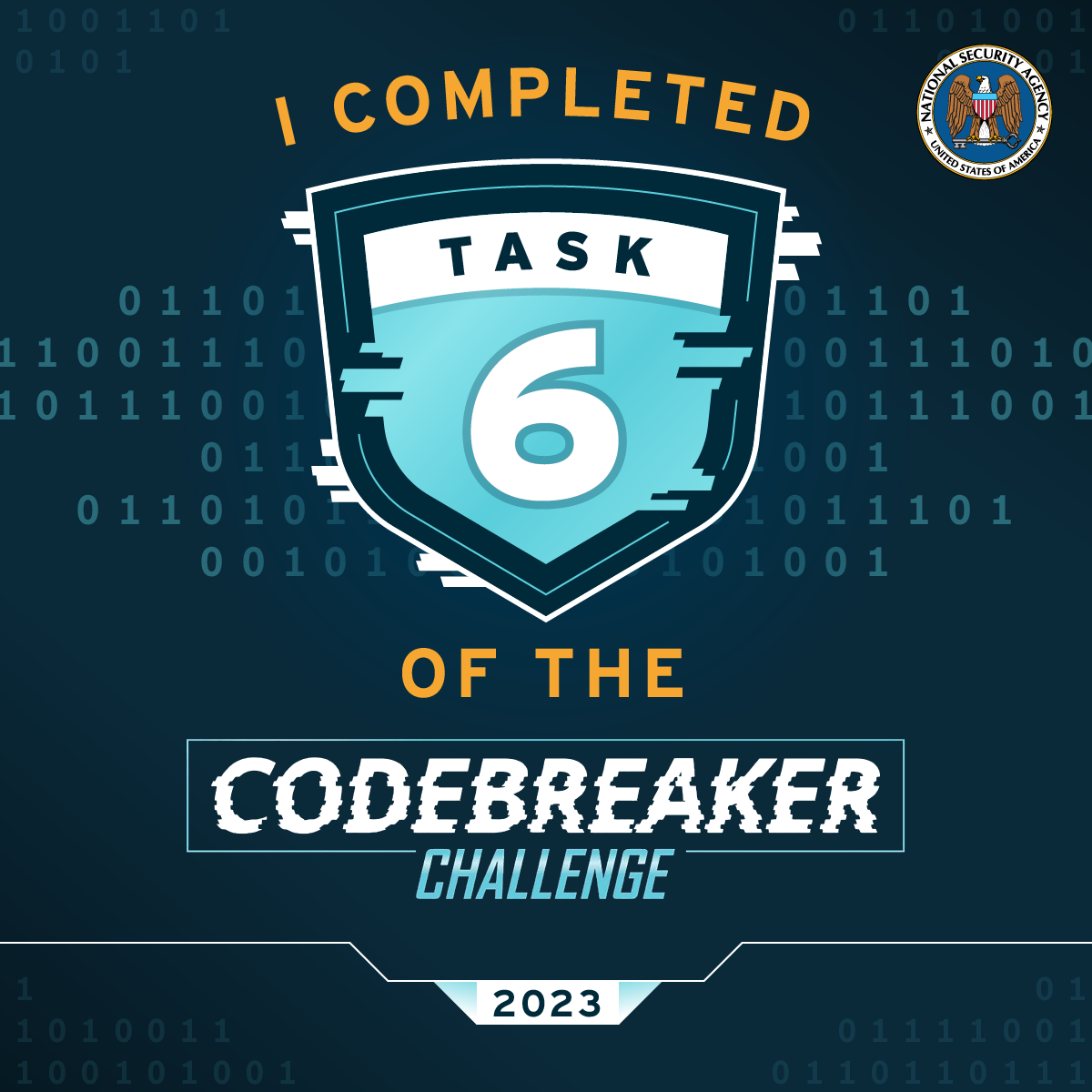 Badge for Task 6. It states, I COMPLETED TASK 6 OF THE CODEBREAKER CHALLENGE 2023