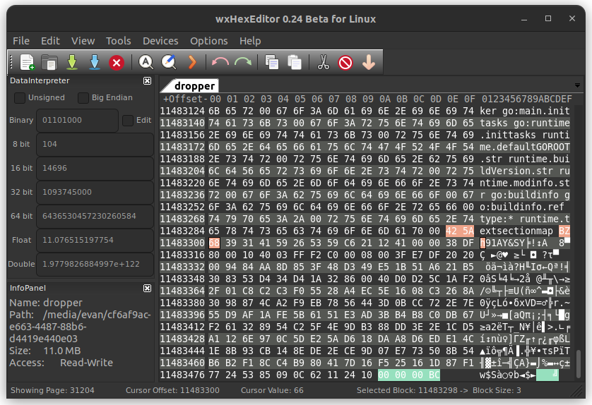 Hex viewer showing the last part of the dropper binary file. The last bytes are 00 00 00 BC, and a few hundred bytes above that is the bzip magic binary values BZh