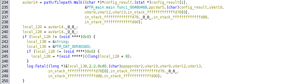 Ghidra decompiler listing showing the dropper binary calling the filepath.Walk function, which loops over files in a directory