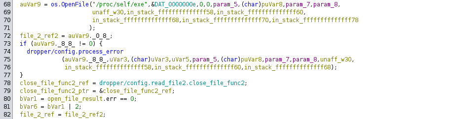 Ghidra decompiler listing showing the dropper binary opening the /proc/self/exe symlink