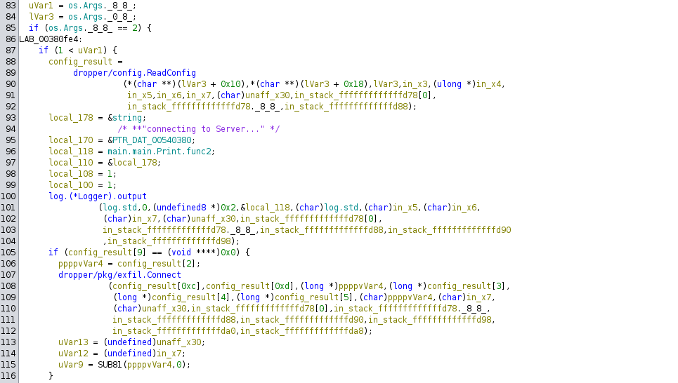 Ghidra decompiler listing showing the dropper binary reading the OS arguments, and reading the configuration file with a function