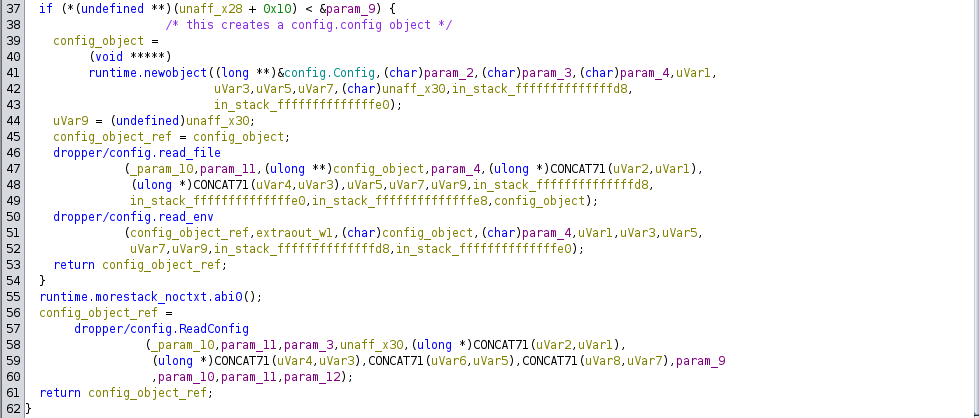 Ghidra decompiler listing showing the dropper binary calling the config.read_file function