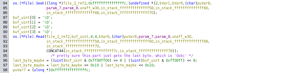 Ghidra decompiler listing showing the dropper binary reading the last 4 bytes from /proc/self/exe