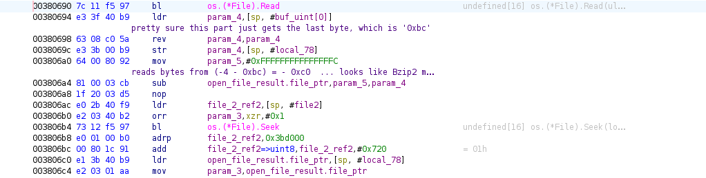 Ghidra program listing showing the dropper binary seeking to the beginning of the bzipped section