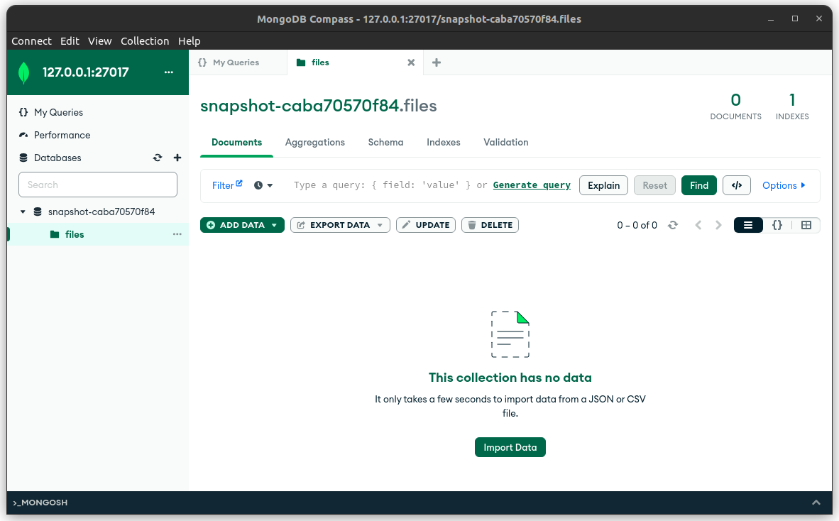 A screenshot from the program MongoDB Compass showing the database containing the files collection, which is empty