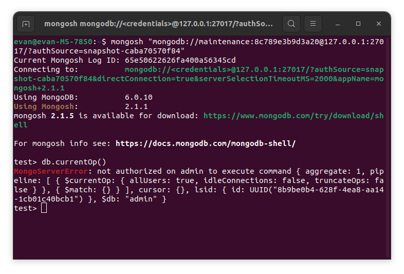 A screenshot showing a mongo shell executing the db.currentOp() command, which returns an error