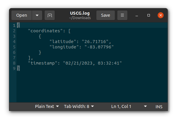 A screenshot of the USCG.log JSON file.