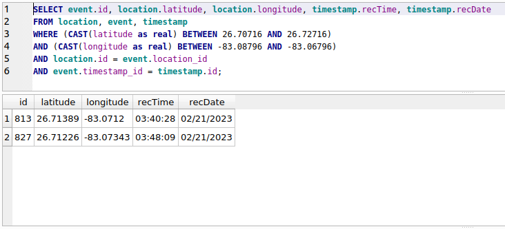 A screenshot showing the SQL query and the results of that SQL query.