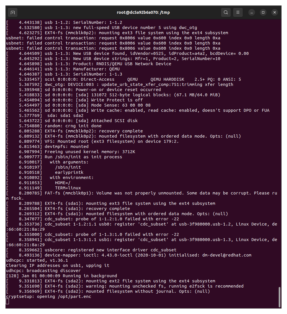 Boot log of the emulated linux